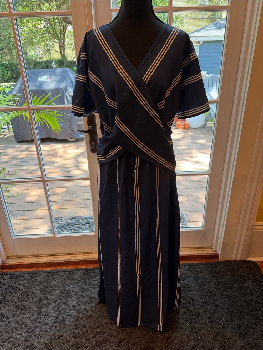 Navy Wrap-Front Maxi Dress with Cream Stripes